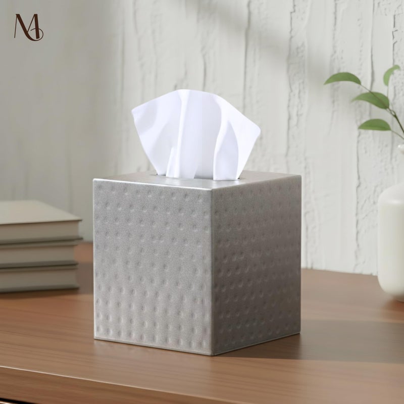 Monarch Abode Tissue Box Cover Square â€“ Hand Hammered Pewter Metal Tissue Holder Box for Bathroom Accessory, Aesthetic Decorative Facial Napkin Cube for Modern Home Decor - Image 2